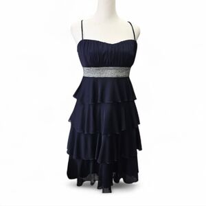 Sweet Storm Navy Blue Tiered Mini Dress Glitter Waist Spaghetti Straps Party